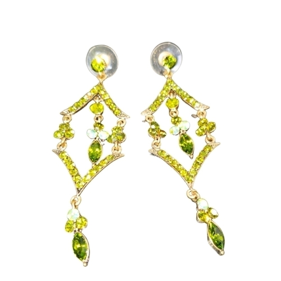 Vintage Chandelier Earrings Green & Aurora Borealis Rhinestones  Approx 3" - Picture 3 of 7
